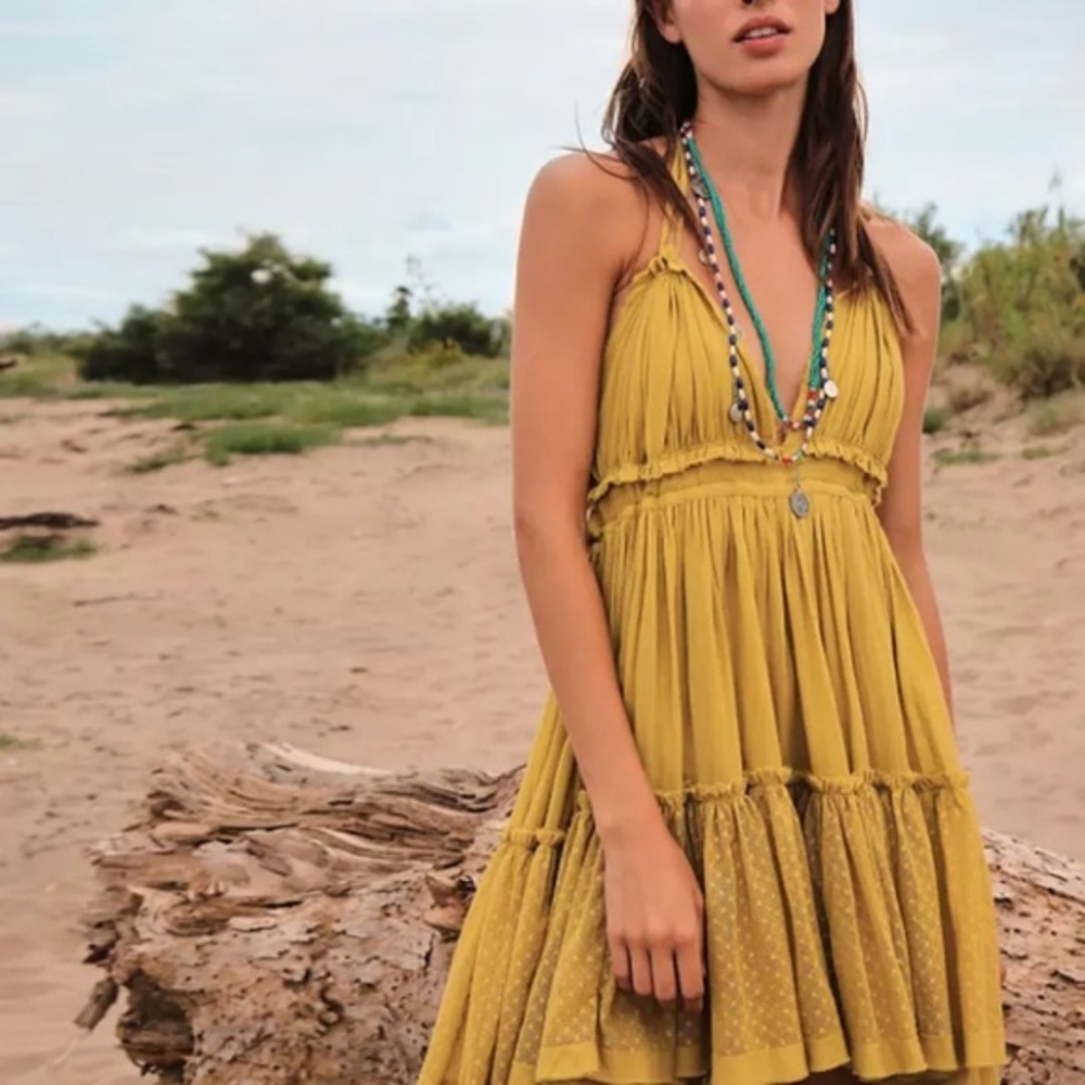 SOLD OUT Mustard Swiss Dot Mesh Ruffle Halter Mini Dress - Picture 3 of 10